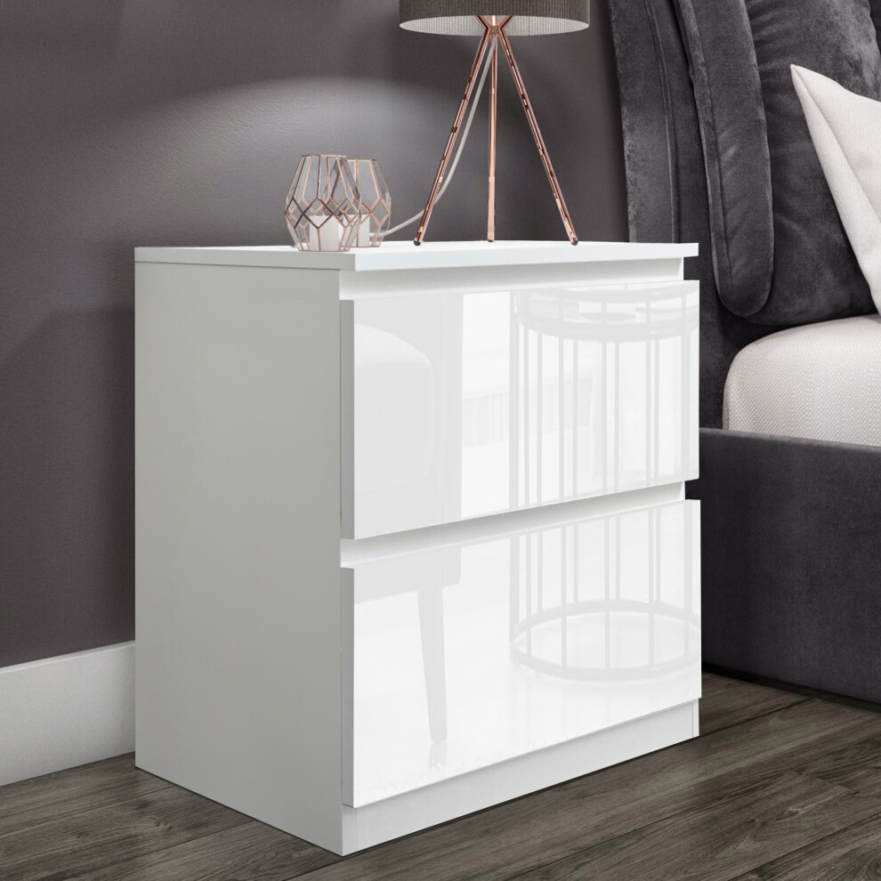 (White) High Gloss Chest of 2 Drawers Wooden Bedside Table Cabinet Living Bedroom Storage Furniture