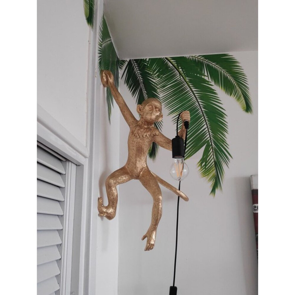 (Gold-LeftHand down) Modern Black Monkey Lamp Hemp Rope Pendant Lights American Country Resin Loft Industrial Hanging Luminaire Home Decor