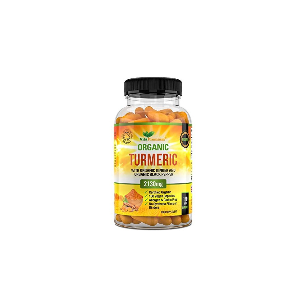 Vita Premium Black Organic Turmeric Curcumin 2130Mg Per Serving With Ginger And Pepper - 180 Vegan Capsules - High Strength Supplement