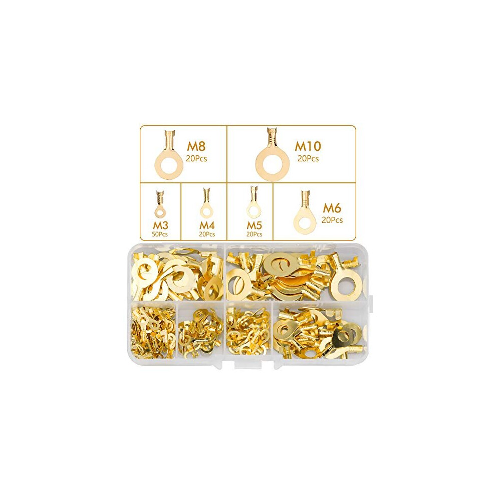 150 Pieces Ring Terminal Car Connectors Electrical Cable Lugs Brass Crimp Cable Connector Wire Terminals Assortment Kit M3 M4 M5 M6 M8 M10