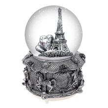 Paris Eiffel Tower Snow Globe Music Box With Automatic Snowfall And Colorful Lights, 100mm 6" Tall