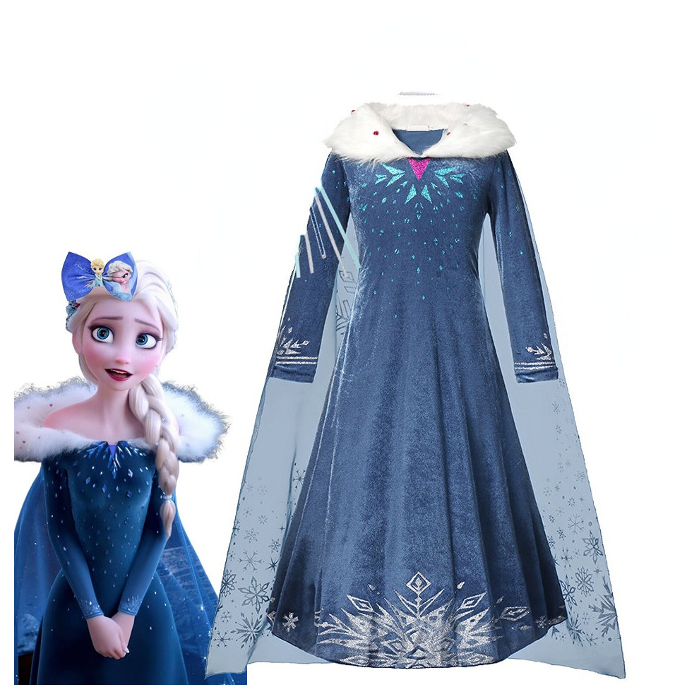 (5-6T(Tag 130)) NEW'C Frozen Princess Elsa Dress Girl Cosplay Costume Birthday Carnival Party Snow Queen Long Sleeve Winter Clothes Kids Outfit