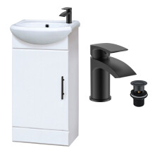 Gloss White 400mm Vanity Basin Unit & Matt Black Tap, Waste, Black Handle