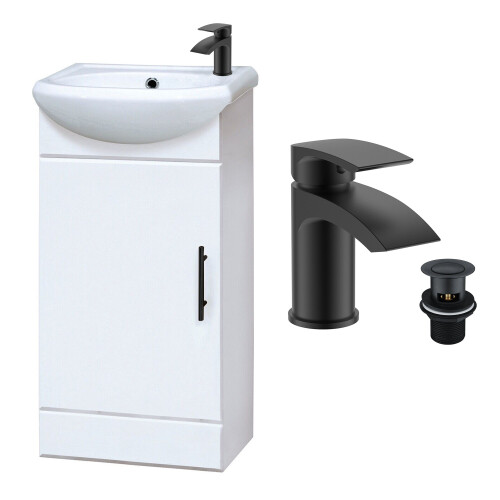 Gloss White 400mm Vanity Basin Unit & Matt Black Tap, Waste, Black Handle