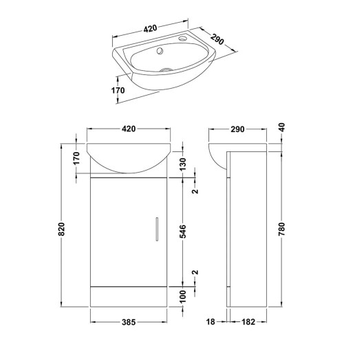Gloss White 400mm Vanity Basin Unit & Matt Black Tap, Waste, Black Handle 2