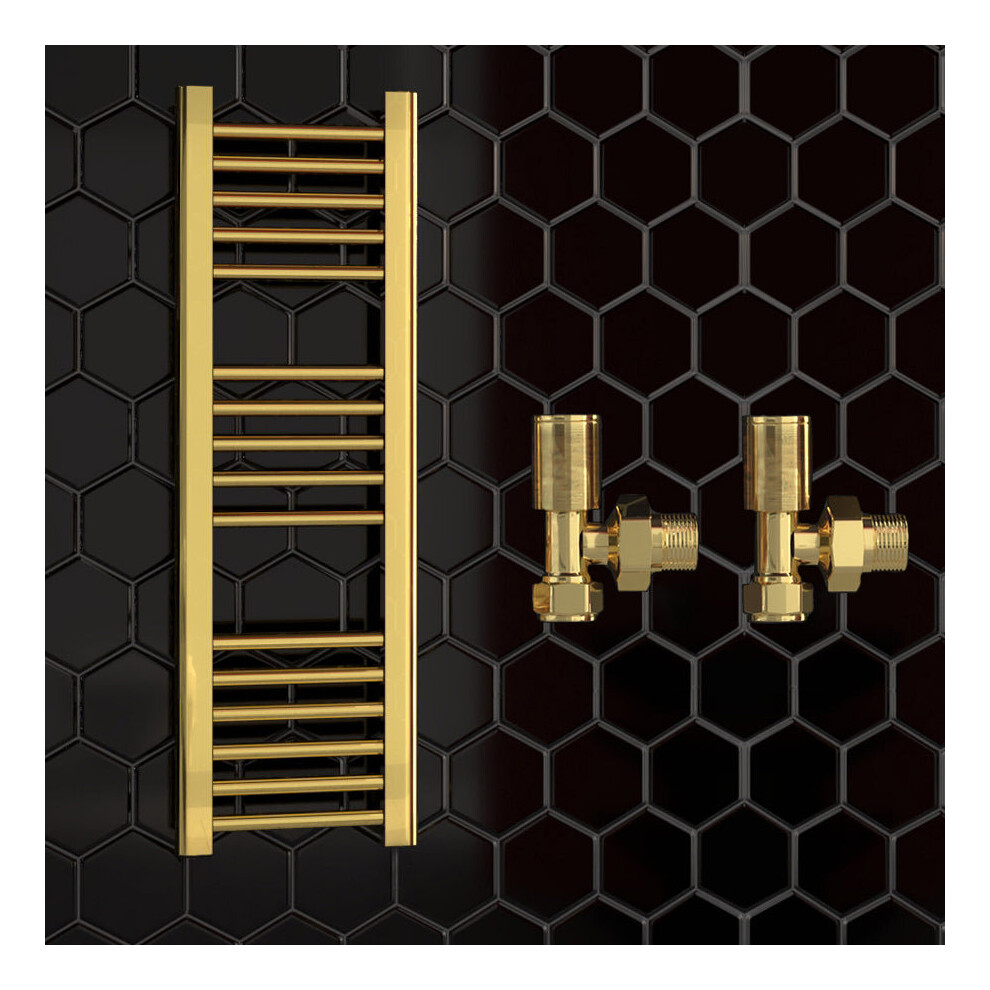 (400 x 900 mm (h), With Angled  Valves) 400mm Wide Gold Heated Bathroom Towel Rail Radiator With Valves For Central Heating UK