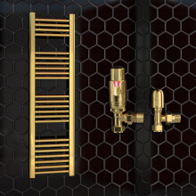(500 x 1200 mm (h), With TRV Angled Valves) 500mm Wide Gold Heated Bathroom Towel Rail Radiator With Valves For Central Heating UK