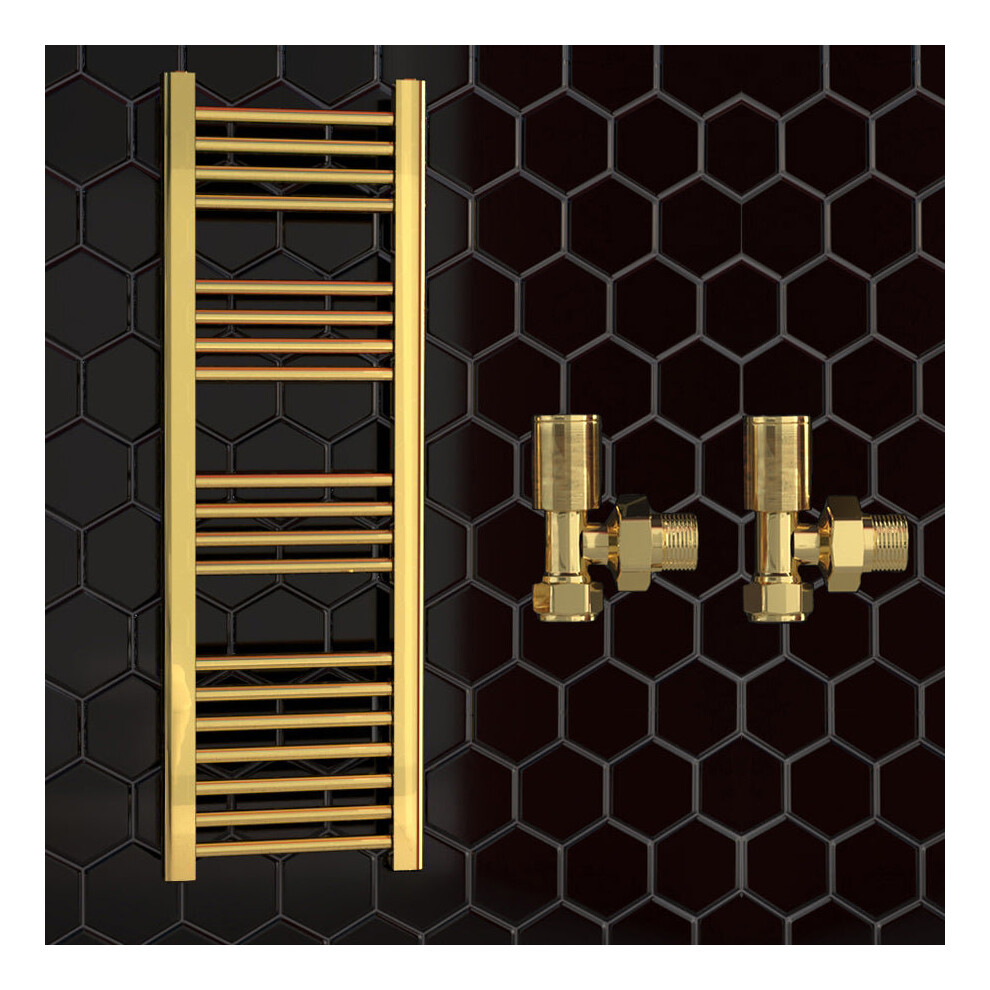 (550 X 1000 Mm (H), With Angled Valves) 550Mm Wide Gold Heated Bathroom Towel Rail Radiator With Valves For Central Heating Uk 5056616525562