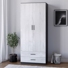 (Black Carcass + Ash Grey Drawers) Tall 2 Door Wardrobe With 2 Drawers Metal Runners