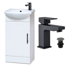 Gloss White 400mm Vanity Unit & Matt Black Tap, Waste & Black Handle