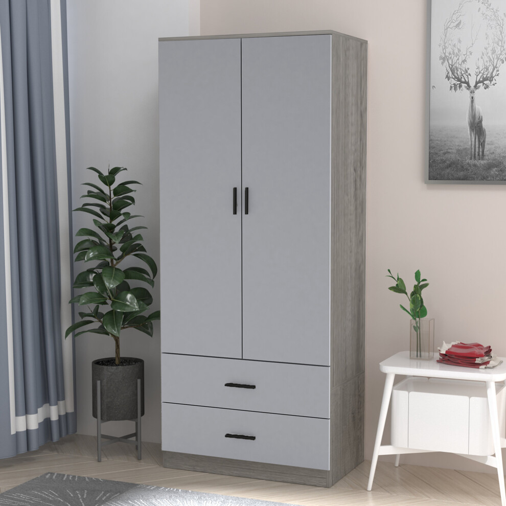 (Ash Grey   Carcass + Grey Drawers) Tall 2 Door Wardrobe With 2 Drawers Metal Runners