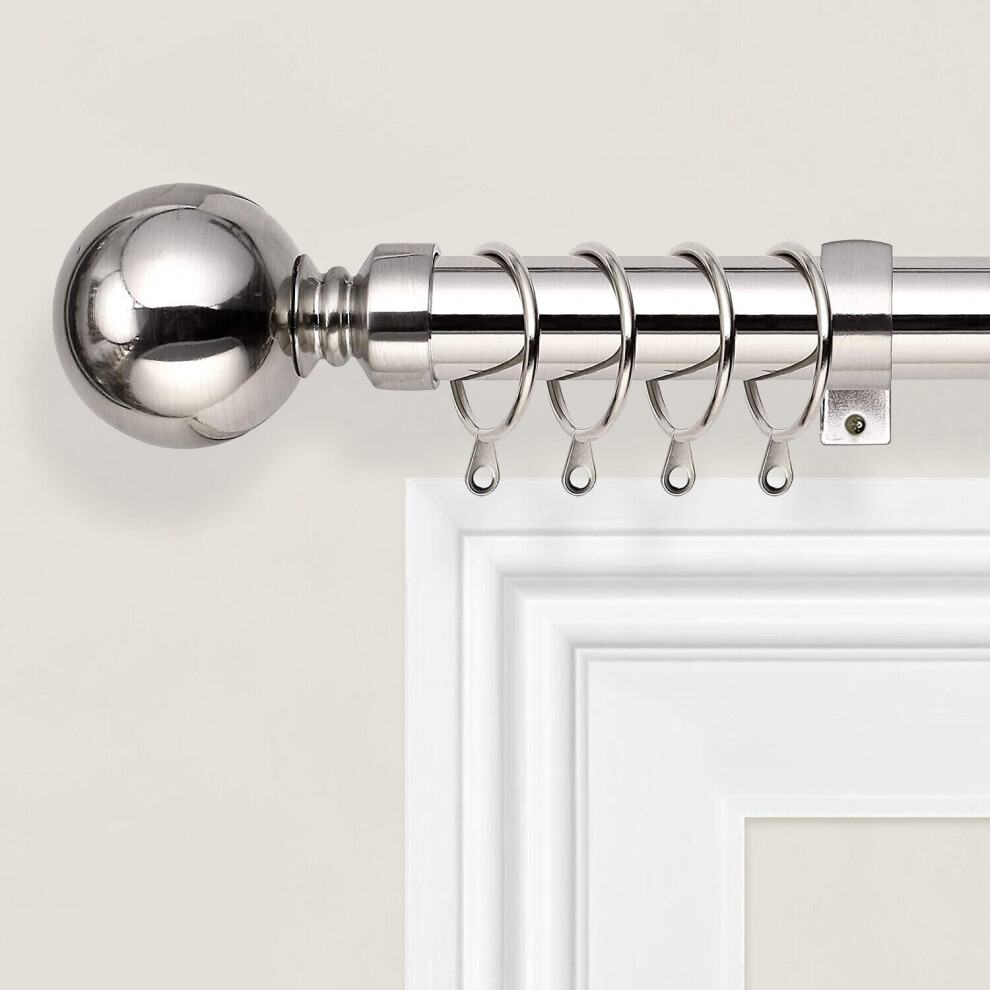 (Plain Ball Brushed Silver, 70-120 cm (28" - 48" In).) Extendable Metal Curtain Poles Curtain Rods & Hold Backs Pair with Rings Finials & Rod Fittings