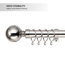 (Plain Ball Brushed Silver, 120-210 cm (48" - 83" In).) Extendable Metal Curtain Poles Curtain Rods & Hold Backs Pair with Rings Finials & Rod Fittings