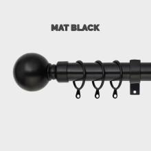 (Plain Ball Matt Black, 160-300 cm (63" - 118" In).) Extendable Metal Curtain Poles Curtain Rods &amp; Hold Backs Pair with Rings Finials &amp; Rod Fittings