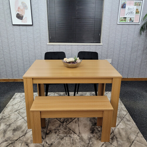 Oak Dining Table 2 Black Tufted Velvet Chairs and 1 Bench Dining Set