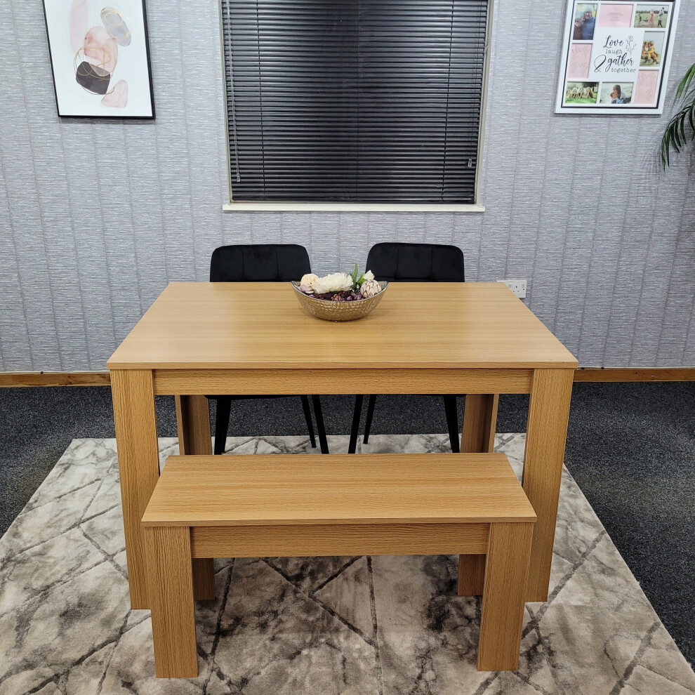 Oak Dining Table 2 Black Tufted Velvet Chairs and 1 Bench Dining Set