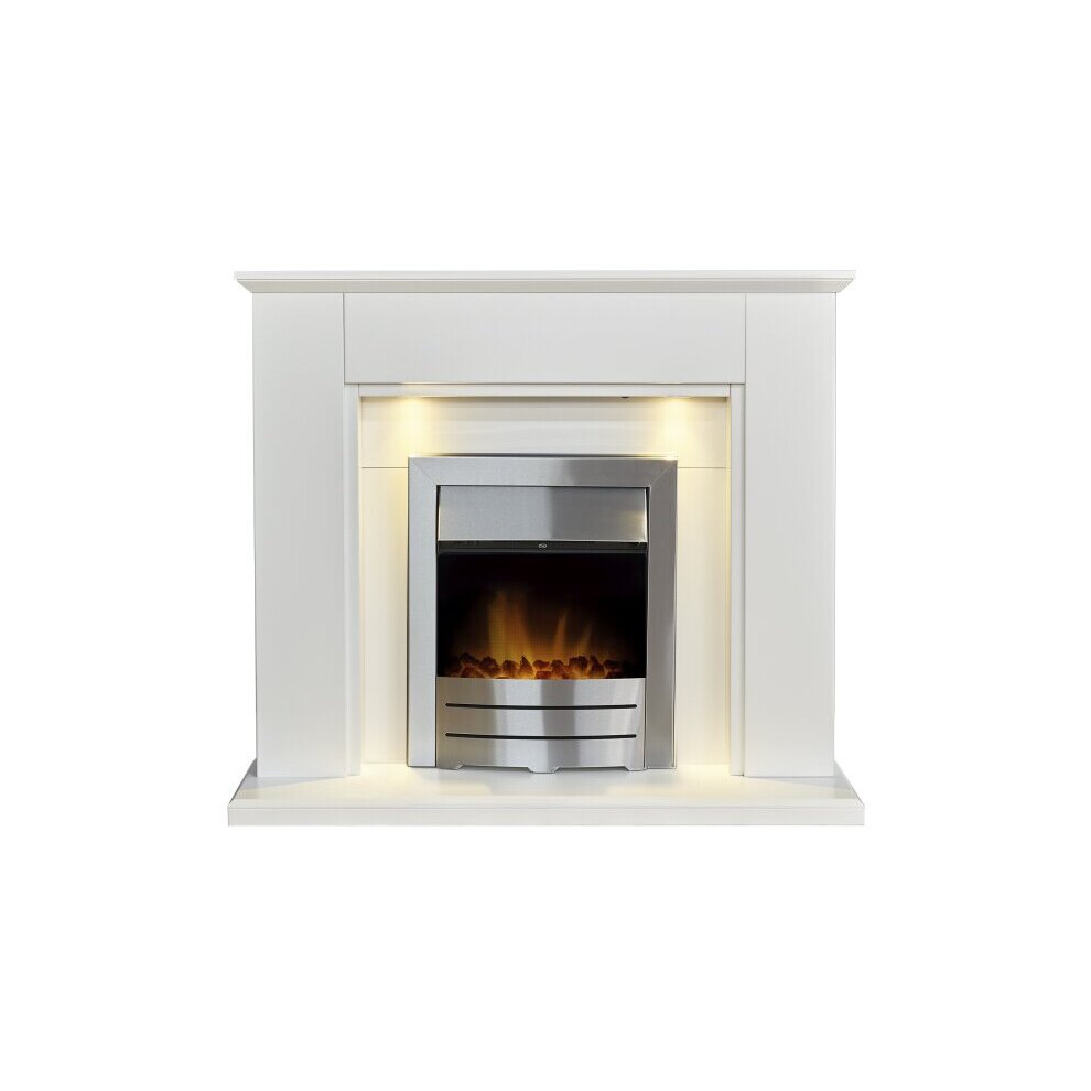 Adam Eltham Fireplace in Pure White with Downlights & Colorado Electric Fire in Brushed Steel, 45 Inch