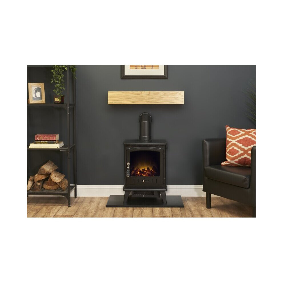 Adam Oak Beam, Hearth & Stove Pipe with Aviemore Stove in Black