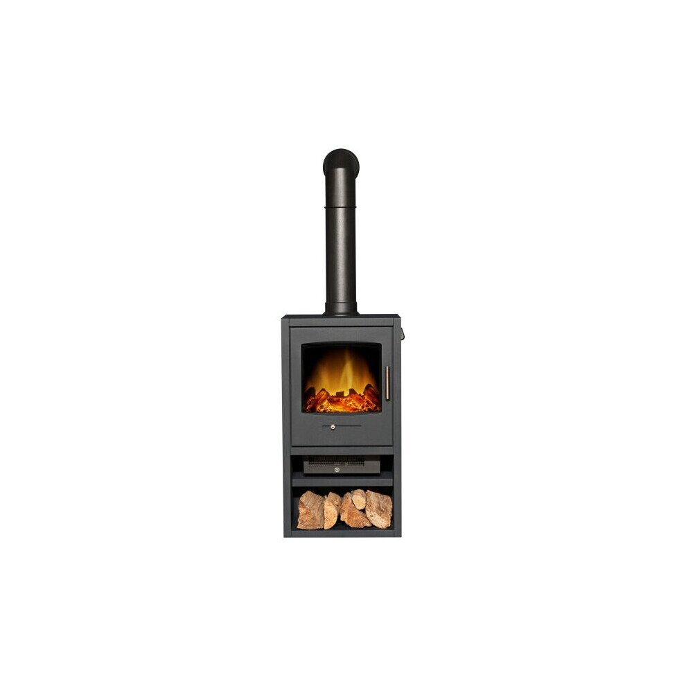 Adam Bergen XL Electric Stove in Charcoal Grey with Tall Angled Stove Pipe in Black