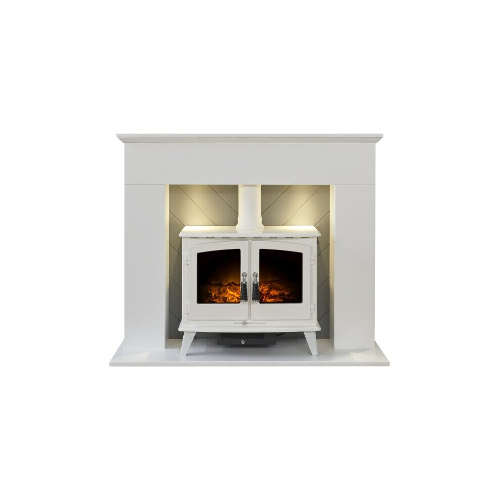 Adam Corinth Stove Fireplace in Pure White & Grey with Downlights & Woodhouse Electric Stove in Pure White, 48 Inch
