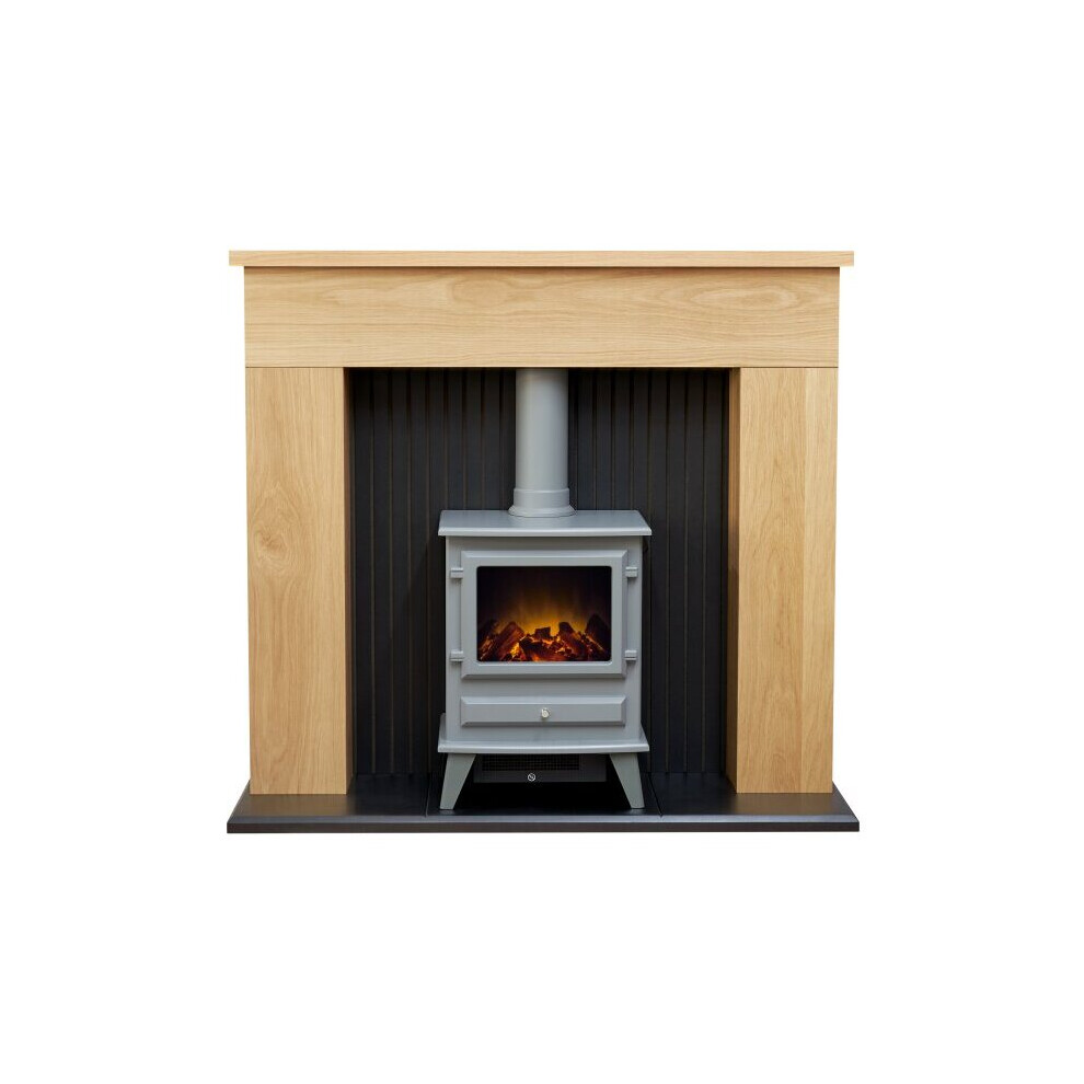 Adam Innsbruck Stove Fireplace in Oak with Hudson Electric Stove in Grey, 45 Inch