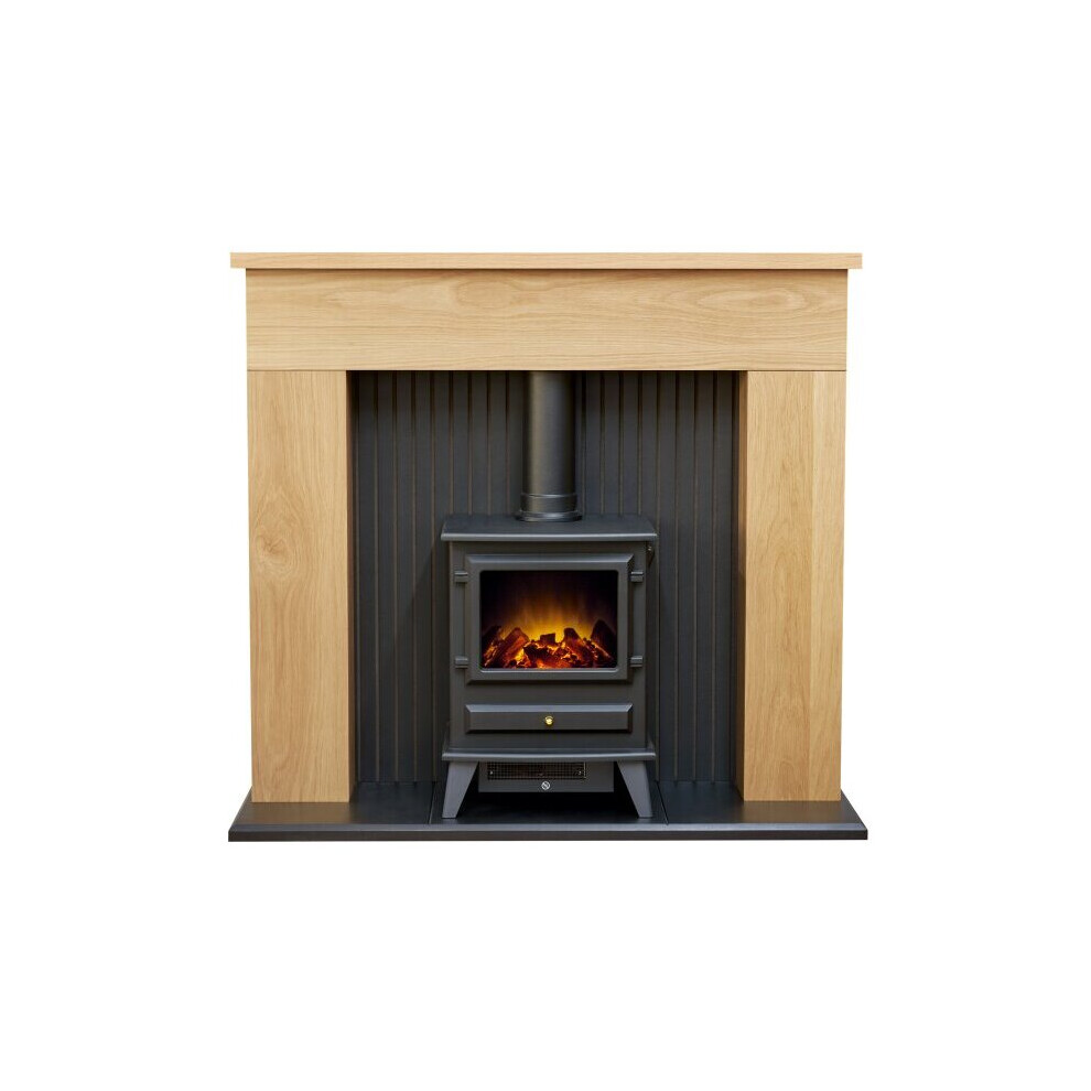 Adam Innsbruck Stove Fireplace in Oak with Hudson Electric Stove in Black, 45 Inch