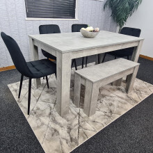 Grey Dining Table 4 Black Tufted Velvet Chairs and 1 Bench Dining Set