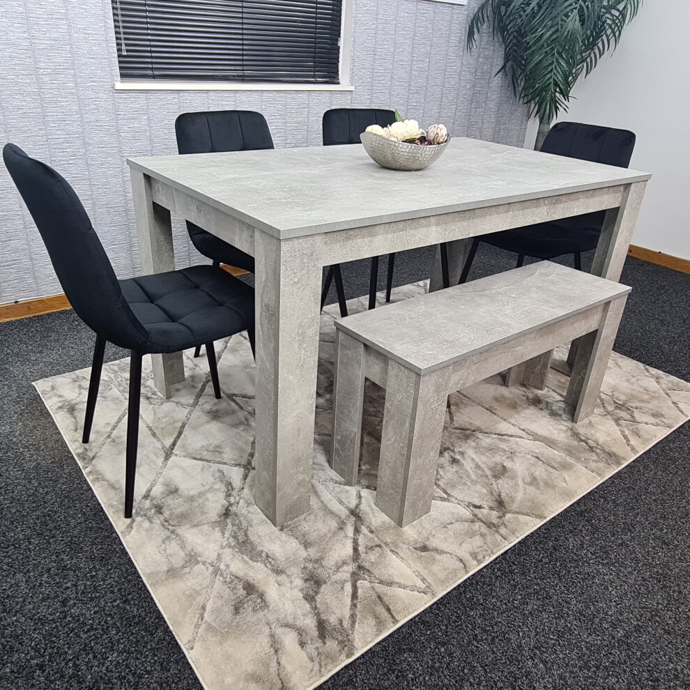 Grey Dining Table 4 Black Tufted Velvet Chairs and 1 Bench Dining Set