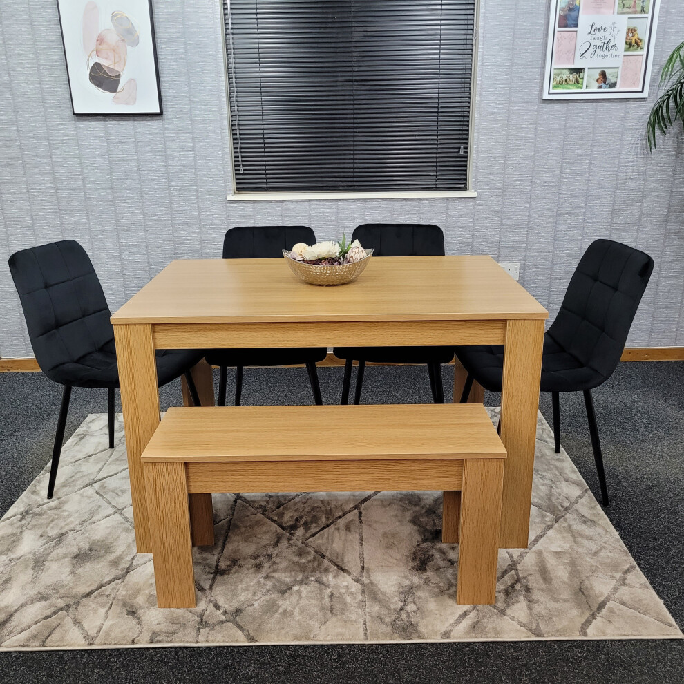 Oak Wooden Table 4 Tufted Velvet Black Chair and 1 Bench (140x80x75)