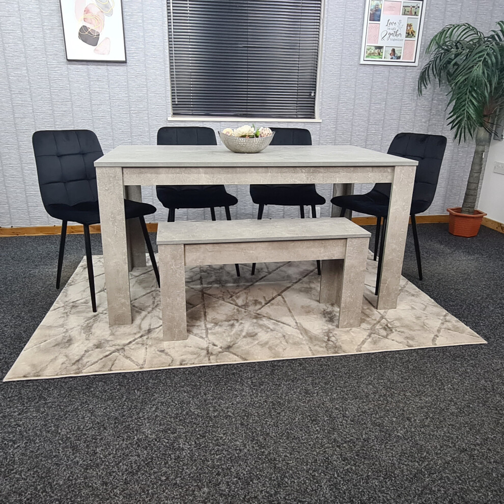 Grey Dining Table,4 Black Tufted Velvet Chairs and 1 Bench Dining Set