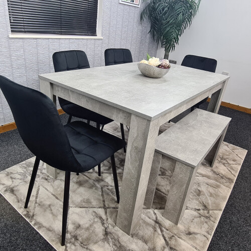Grey Dining Table 4 Black Tufted Velvet Chairs and 1 Bench Dining Set 1
