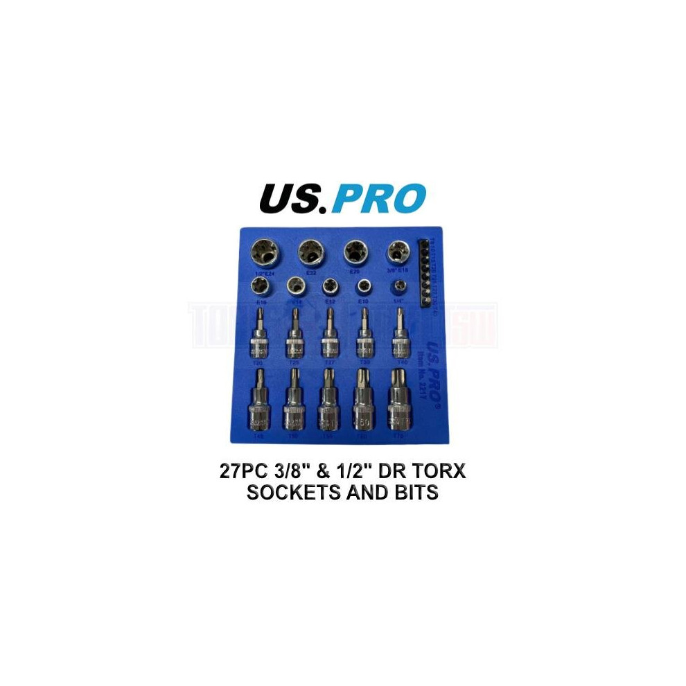 US PRO Tools 27Pc 3/8" 1/2" Dr Torx & E-Torx Sockets & Bit Set 2217