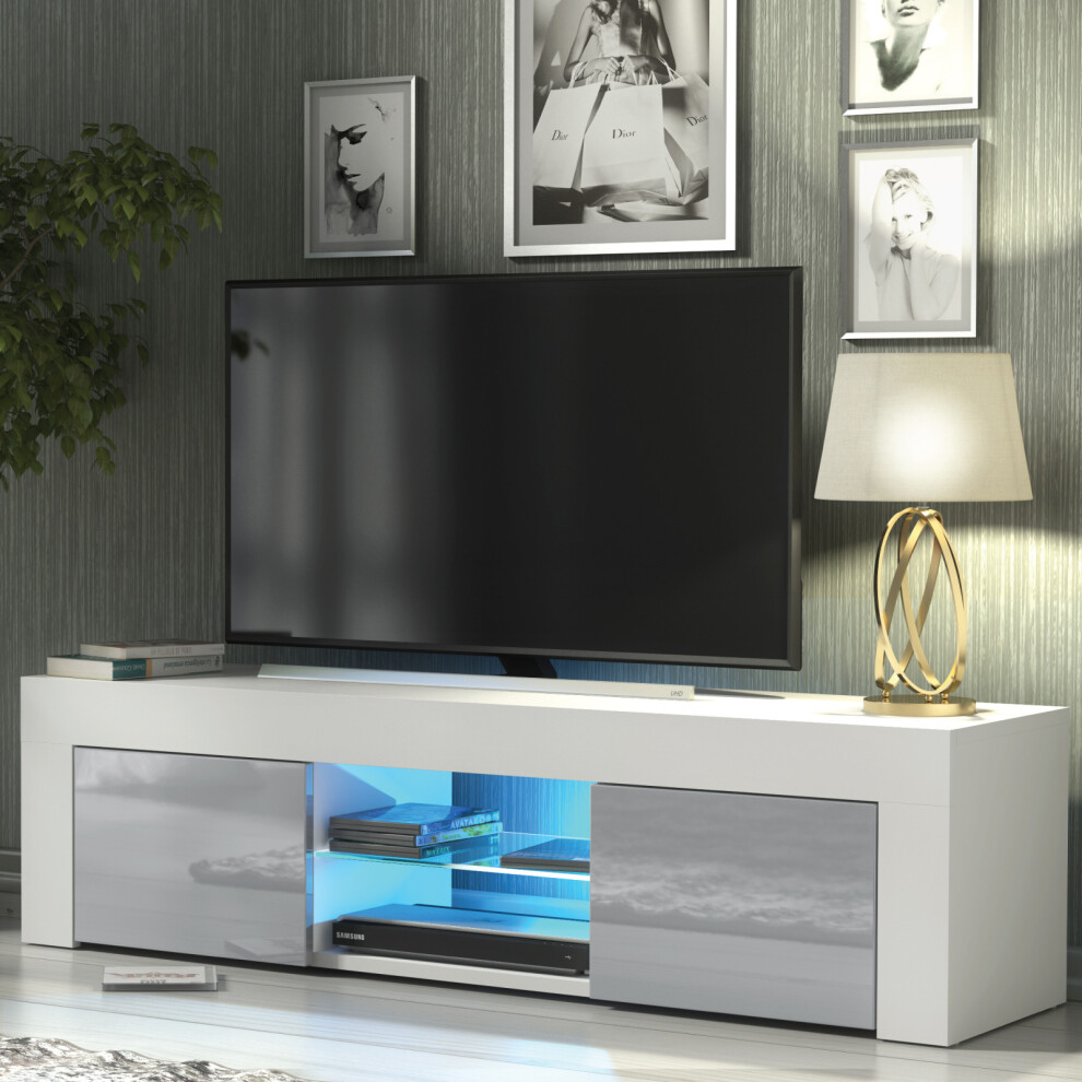 TV Unit 130cm LED Creative Furniture - White & Grey Gloss Doors