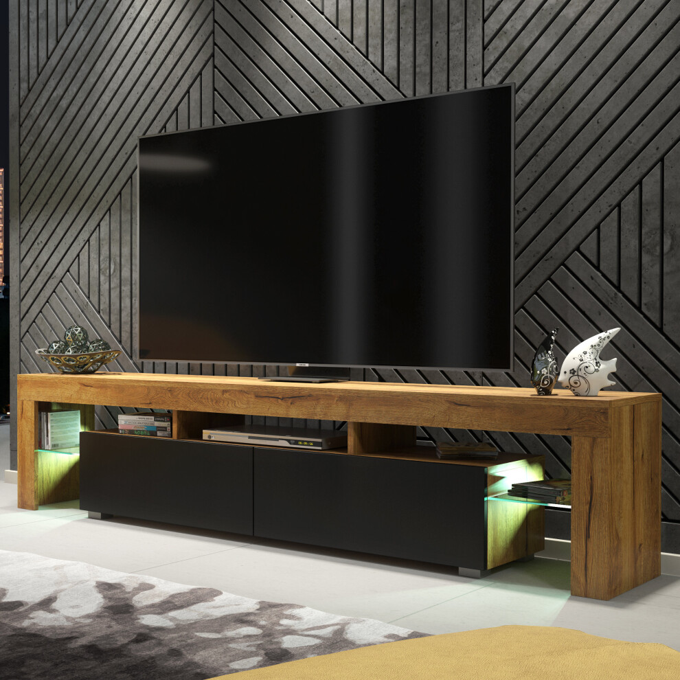 TV Unit 200cm LED Creative Furniture - Oak & Black Matt Doors