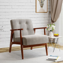 Single Seater Walnut Wood Frame Armchair Fabric Upholstered Buttoned Sofa