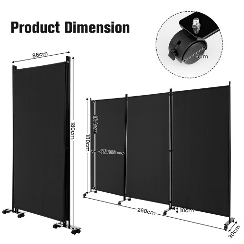 Costway 3 Panel Folding Privacy Room Divider Rolling Privacy Screens W/ Wheels 1