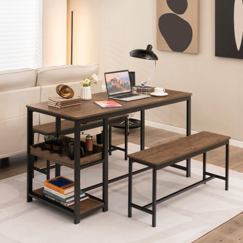 Costway 3 PCS Kitchen Dining Table set for 4 persons W/ 2 Dining Benches 2