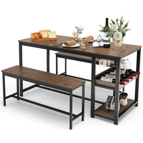 Costway 3 PCS Kitchen Dining Table set for 4 persons W/ 2 Dining Benches