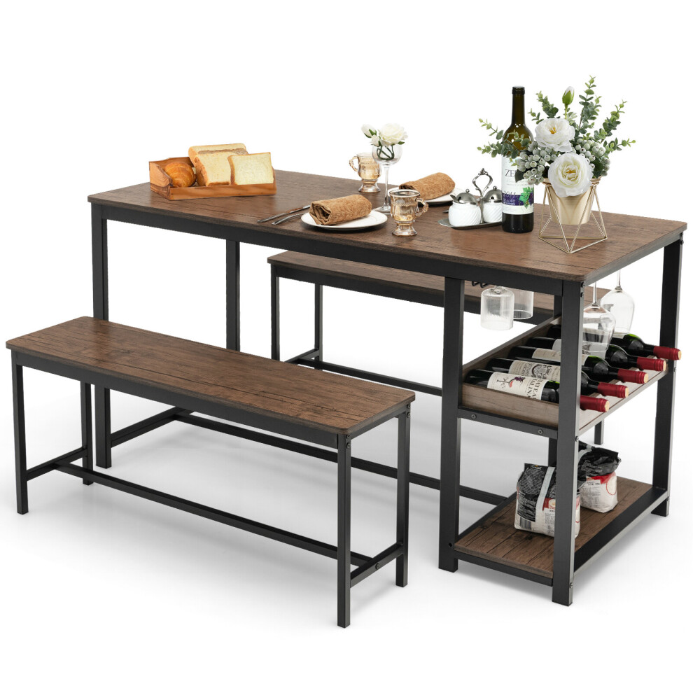 3 PCS Kitchen Dining Table set for 4 persons W/ 2 Dining Benches