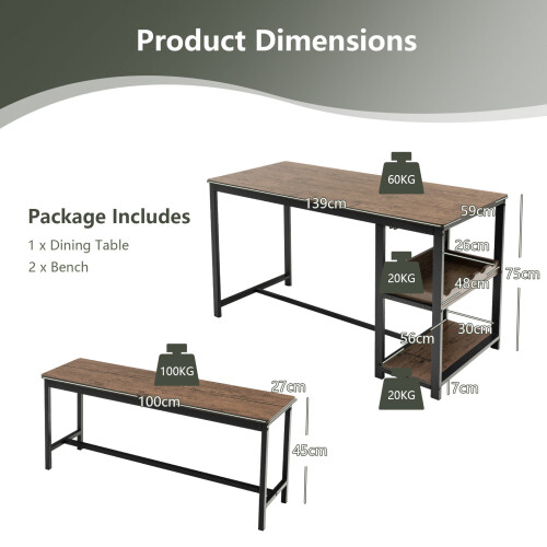 Costway 3 PCS Kitchen Dining Table set for 4 persons W/ 2 Dining Benches 1