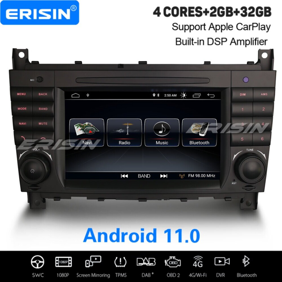 Erisin 32Gb Android 11 Satnav Carplay Dab+ Car Stereo Mercedes Benz C/Clc/Clk-Class W203 W209 Bluetooth Obd2