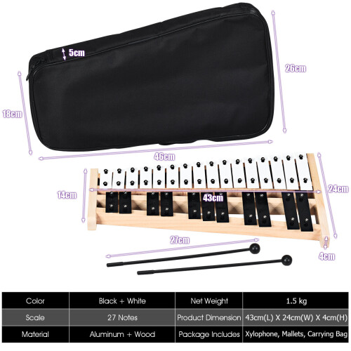 Costway 27 Notes Full Size Notes Glockenspiel Xylophone Percussion Instrument 2