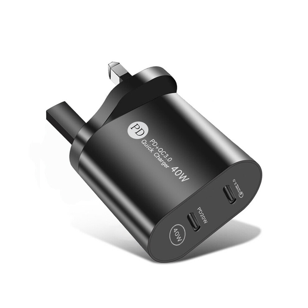 (, Uk Plug) Pd Wall Charger 40W Pd Dual Port Fast Charger Power Adapter For Mobile Phone Black