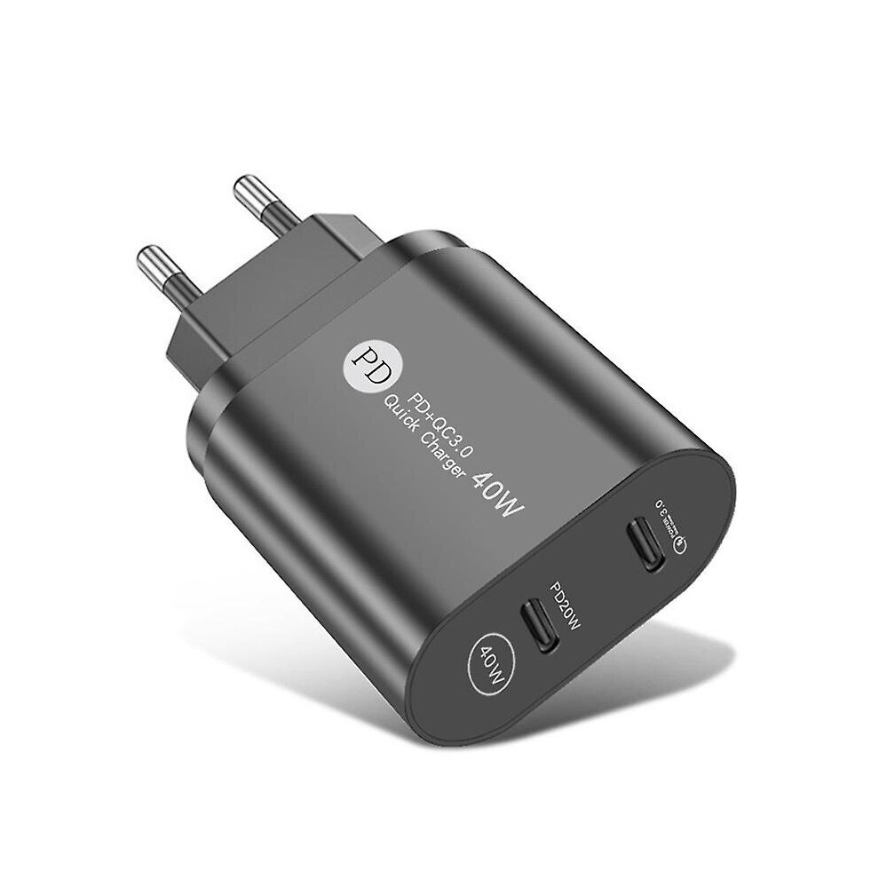 (, Eu Plug) Pd Wall Charger 40W Pd Dual Port Fast Charger Power Adapter For Mobile Phone Black 768582206431