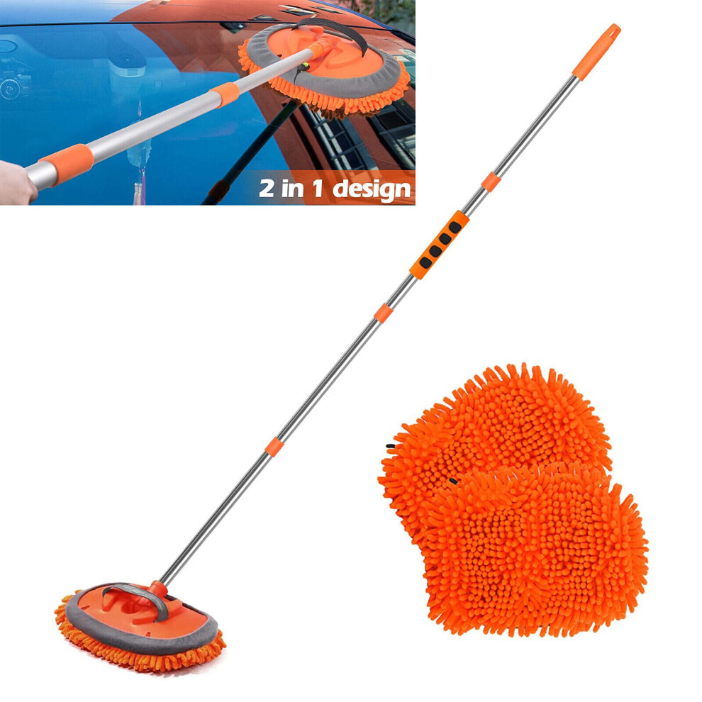 62-Inch Telescopic Car Wash Brush Kit with Aluminum Handle, 180 Adjustable Mop Head, 2 Microfiber Chenille Replacement Heads