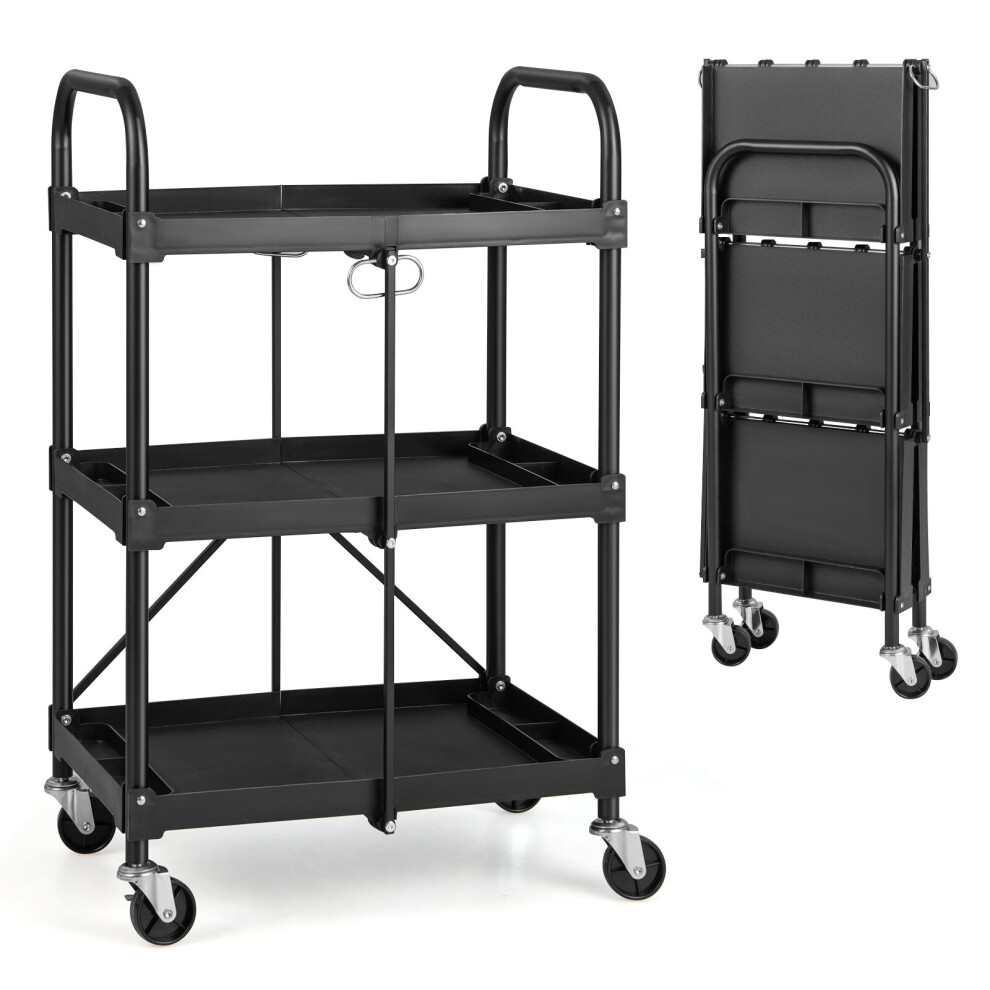 3-Tier Folding Trolley Cart Portable Utility Heavy Duty Tool Cart Dark