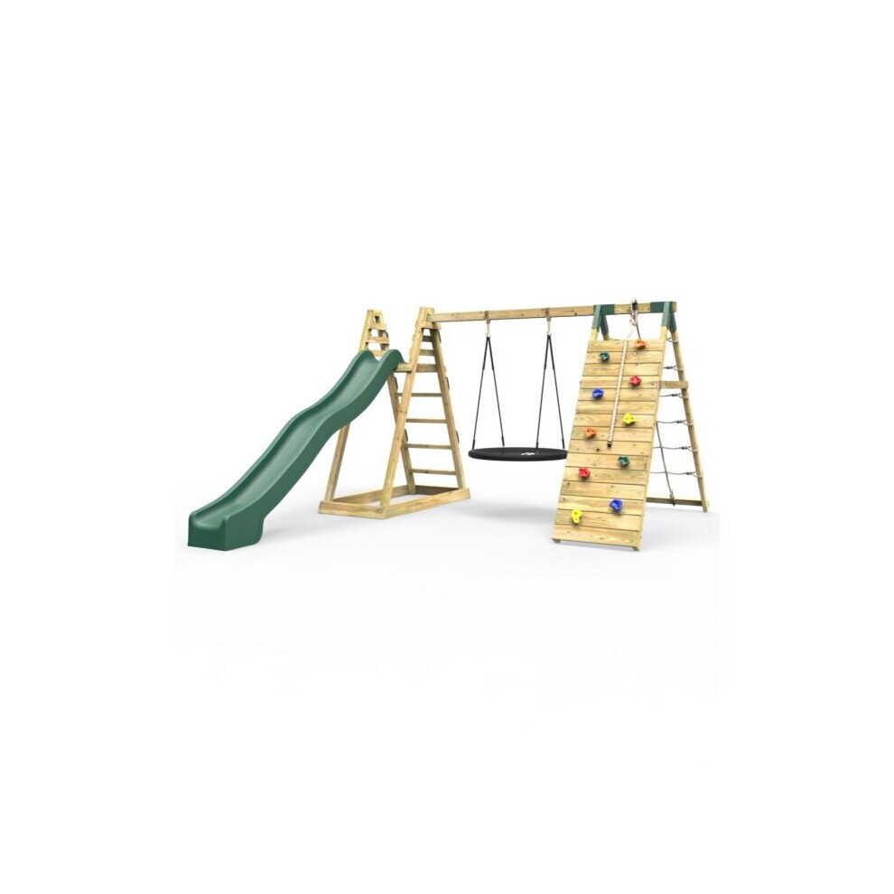 Wooden Climbing Frame with Swing, Up and Over Climbing Wall and 10ft Slide - Looking Glass Green