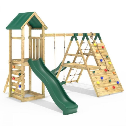 (Alverstone Green) Rebo Wooden Climbing Frame with Swings, 6 & 8ft Slides and Climbing Wall
