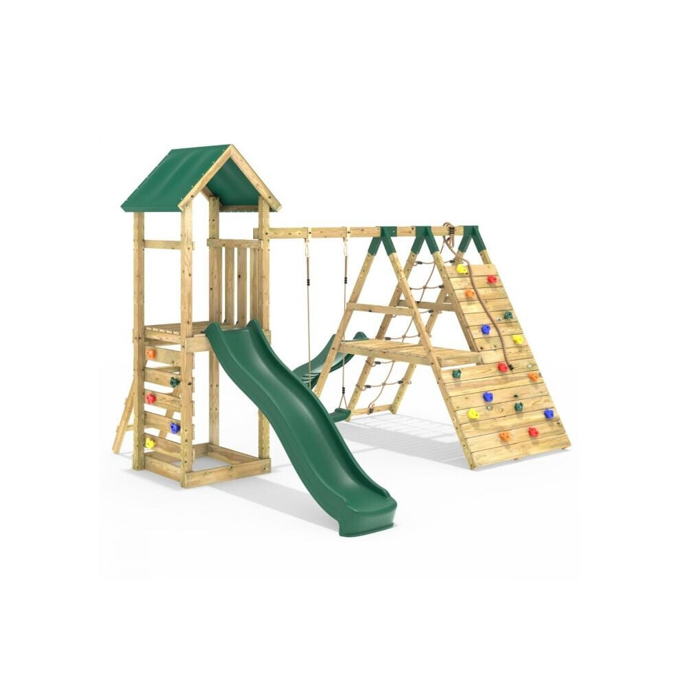 (Alverstone Green) Rebo Wooden Climbing Frame With Swings, 6 & 8ft Slides And Climbing Wall