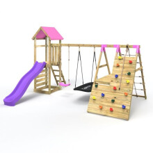 (San Luis Pink) Rebo Wooden Climbing Frame with Swings, 6 & 8ft Slides and Climbing Wall
